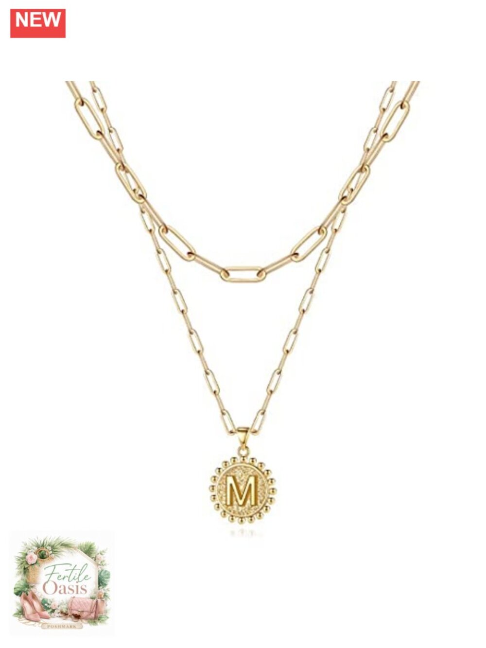 14K Gold Plated Initial Necklace for Women - Layered Paperclip Chain Choker